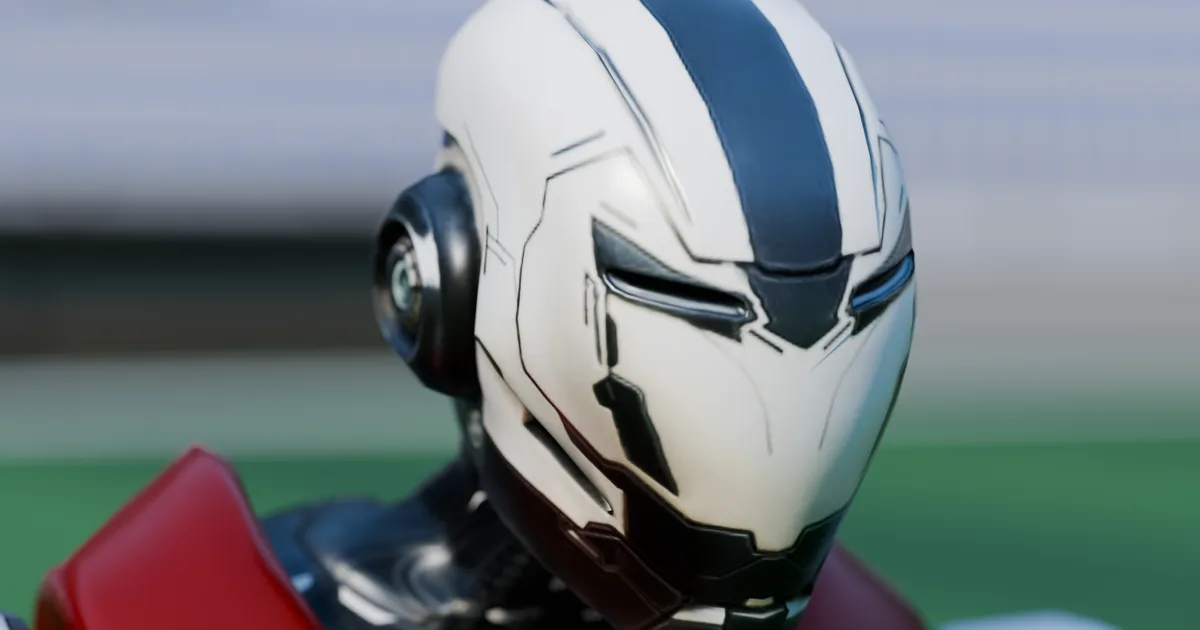 Très gros plan sur le casque du robot.