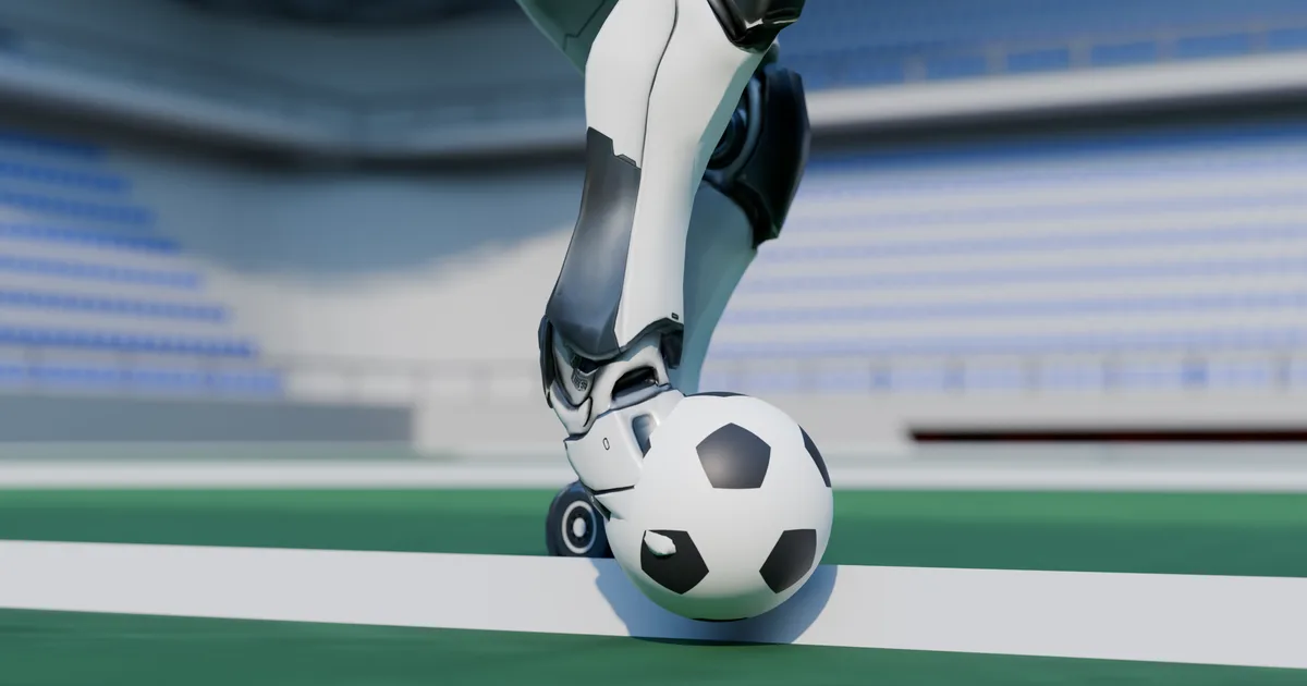 Gros plan au ras de la pelouse sur le pied qui frappe le ballon.