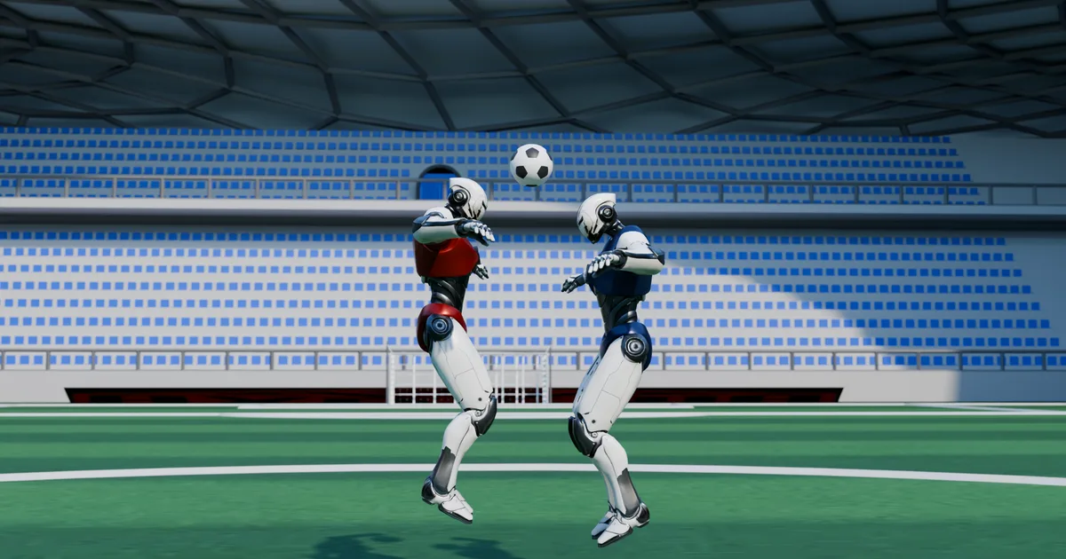 Deux robots sautent ensemble pour un ballon haut.