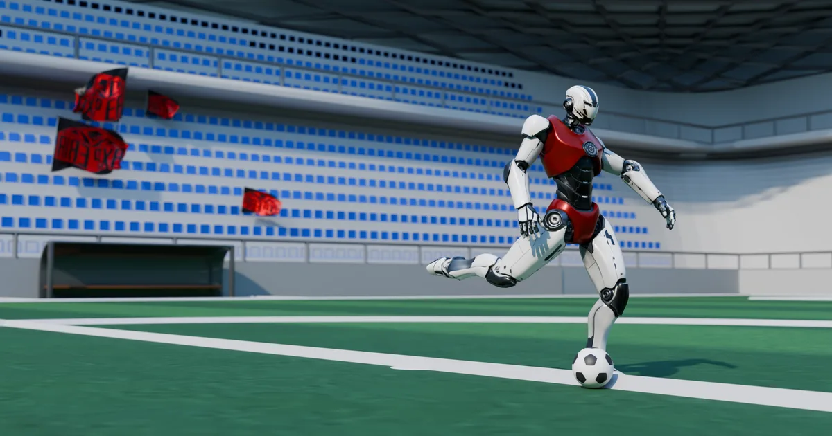 Un joueur de champ de Poly Strike arme sa frappe devant le ballon, dans le stade du jeu aux gradins bleus.