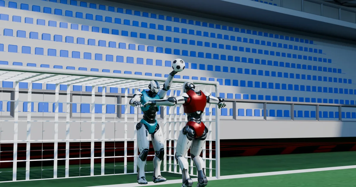 Le gardien boxe le ballon au-dessus d’un attaquant.