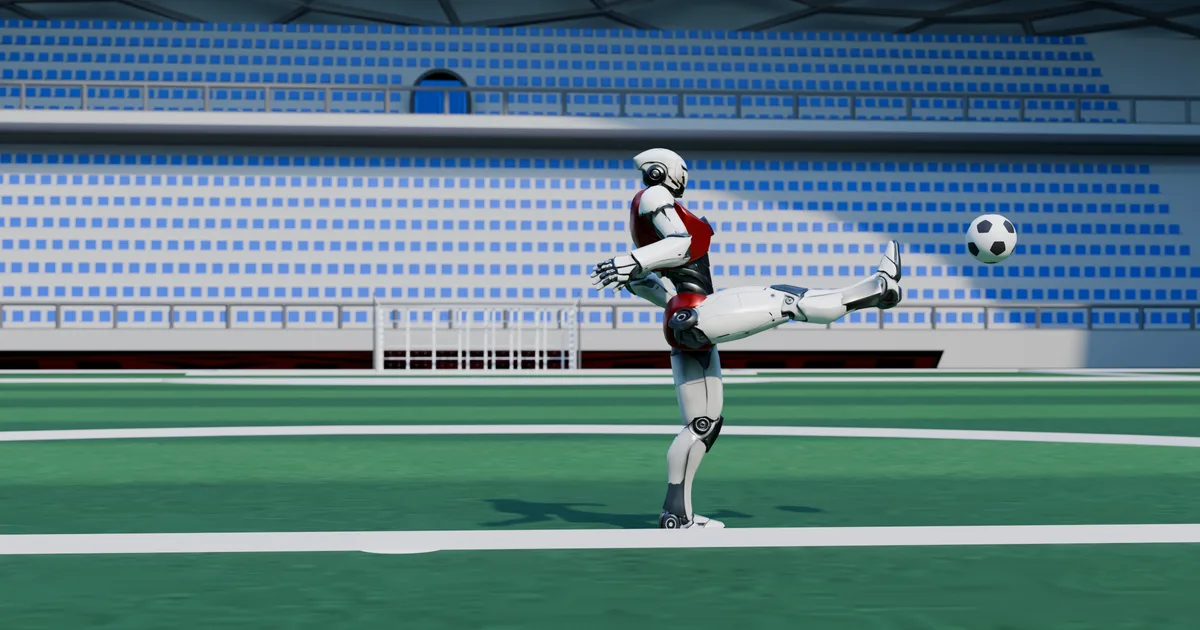 La volée infinie : un joueur de champ de Poly Strike court, une jambe armée en extension, pendant que le ballon arrive à hauteur du pied.